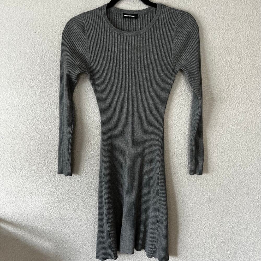 Tally Weijl Grey Ribbed Long Sleeve Fit Flare Crew Neck Womens Sweater Dress Lrg